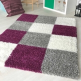 Hochflor Shaggy Teppich kariert in versch. Farben und Größen Langflor Teppiche für Wohnzimmer und Jugendzimmer. (60 x 110 cm, Violett) - 1