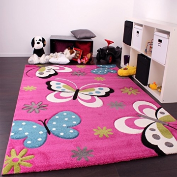 Kinder Teppich Schmetterling Design Grün Grau Schwarz Creme Pink, Grösse:80x150 cm - 