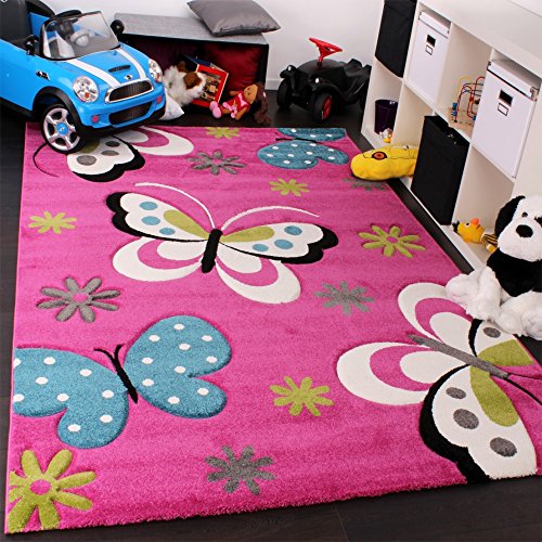 Kinder Teppich Schmetterling Design Grün Grau Schwarz Creme Pink, Grösse:80x150 cm -