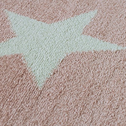 Moderner Kurzflor Kinderteppich Sternendesign Kinderzimmer Pastell Rosa Weiß, Grösse:80x150 cm -