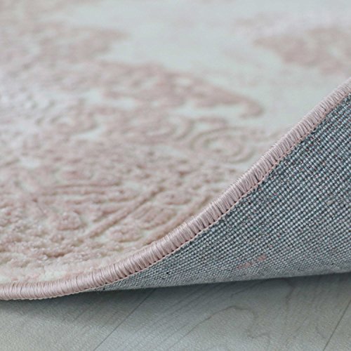 Teppich Vintage Design Rosa Pink für Wohnzimmer Qualitativ mit Medaillon Muster dicht gewebt Kurzflor mit Hoch Tief Struktur (120 x 170 cm) -