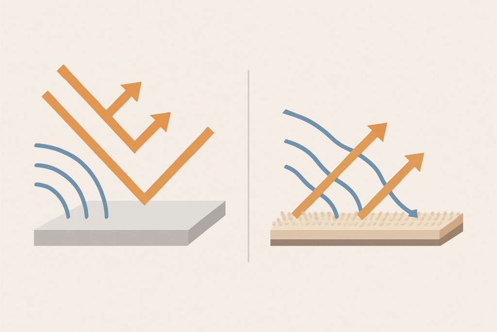 Illustration zeigt Schallabsorption durch Teppiche im Vergleich zu harten Böden.