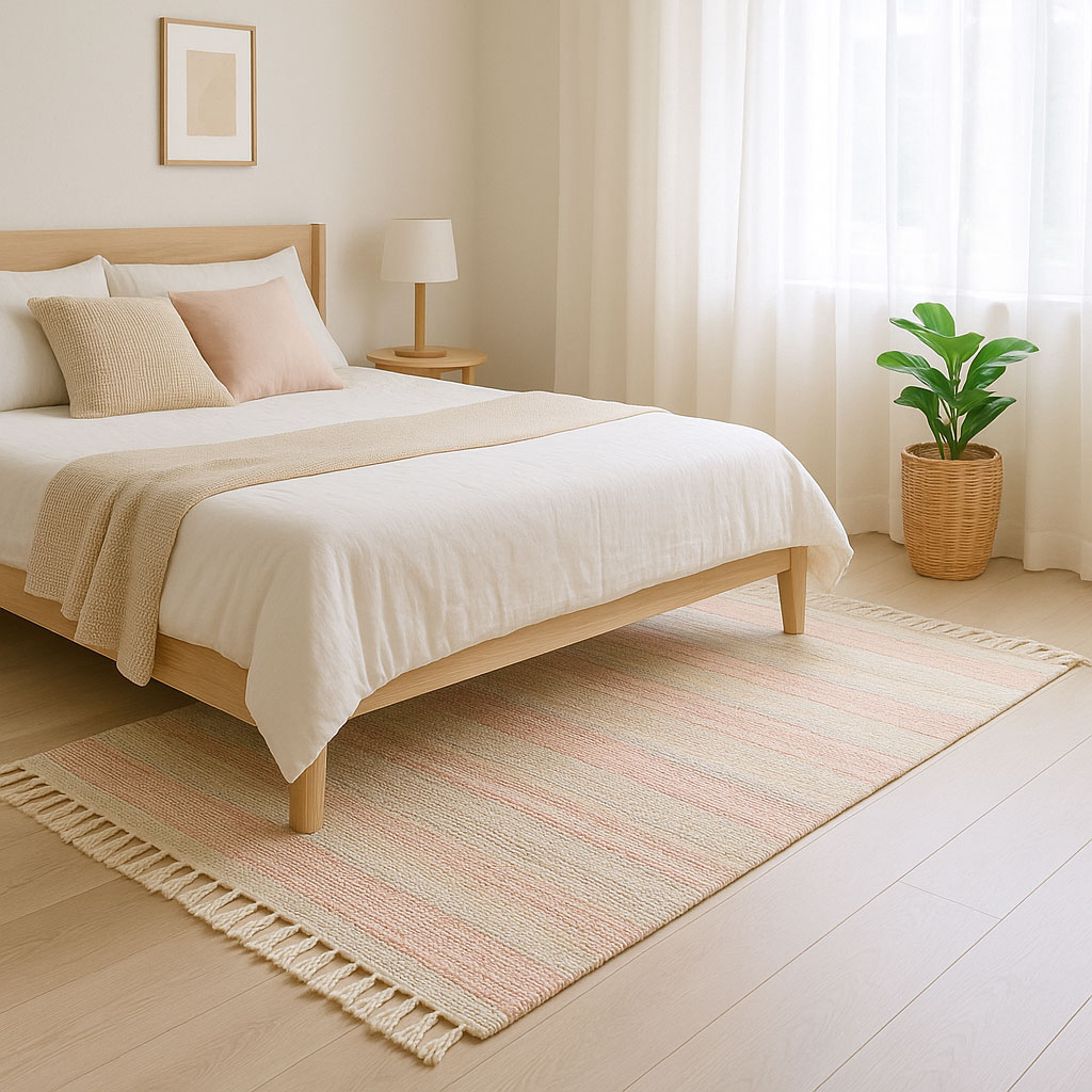 Helles Schlafzimmer mit leichtem Baumwollteppich in Pastellfarben, luftig und freundlich eingerichtet.