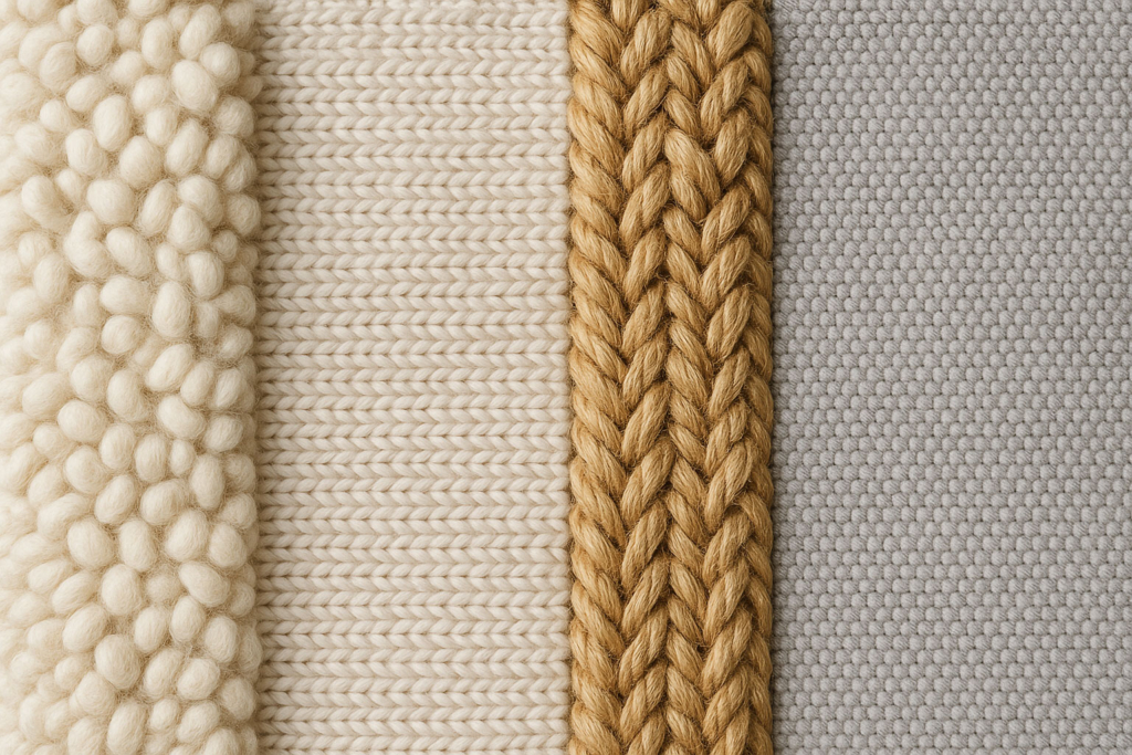Collage aus Teppichmaterialien: Nahaufnahmen von Wolle, Baumwolle, Sisal/Jute und Synthetikfasern nebeneinander.