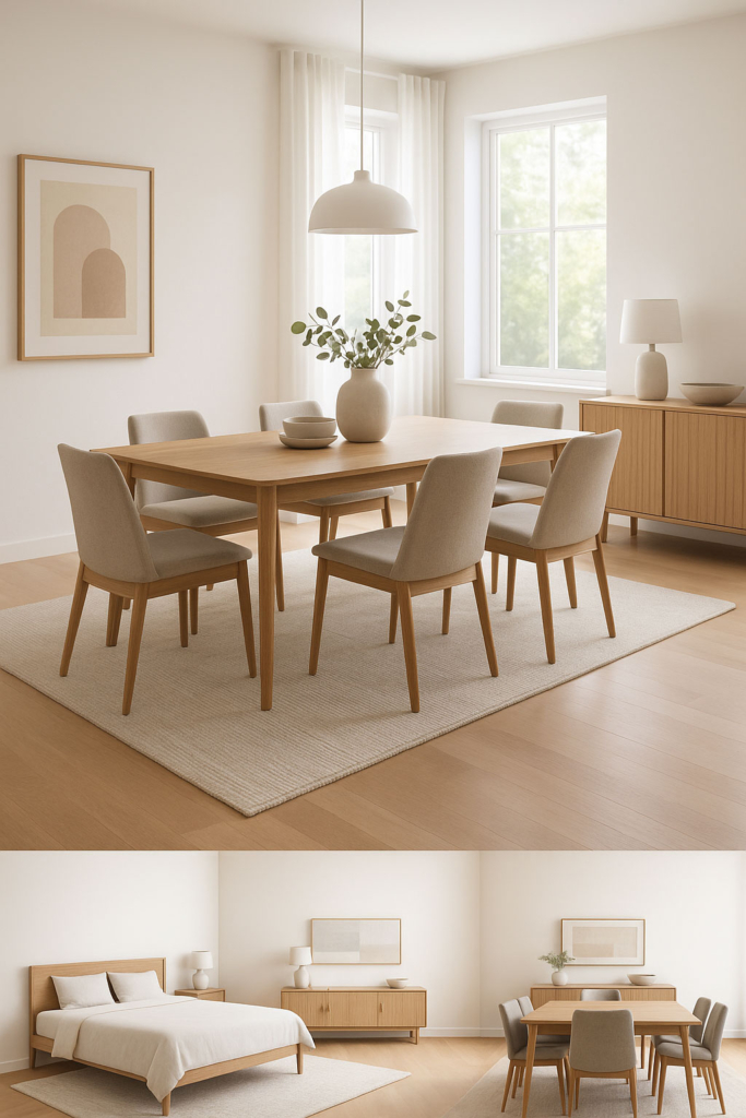 Modernes Esszimmer mit großem Teppich, auf dem Tisch und Stühle vollständig Platz finden.