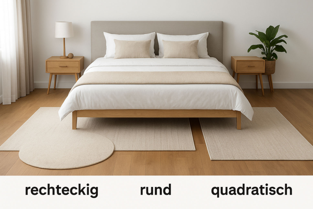 Schlafzimmer mit rechteckigem, rundem und quadratischem Teppich als Vergleich.