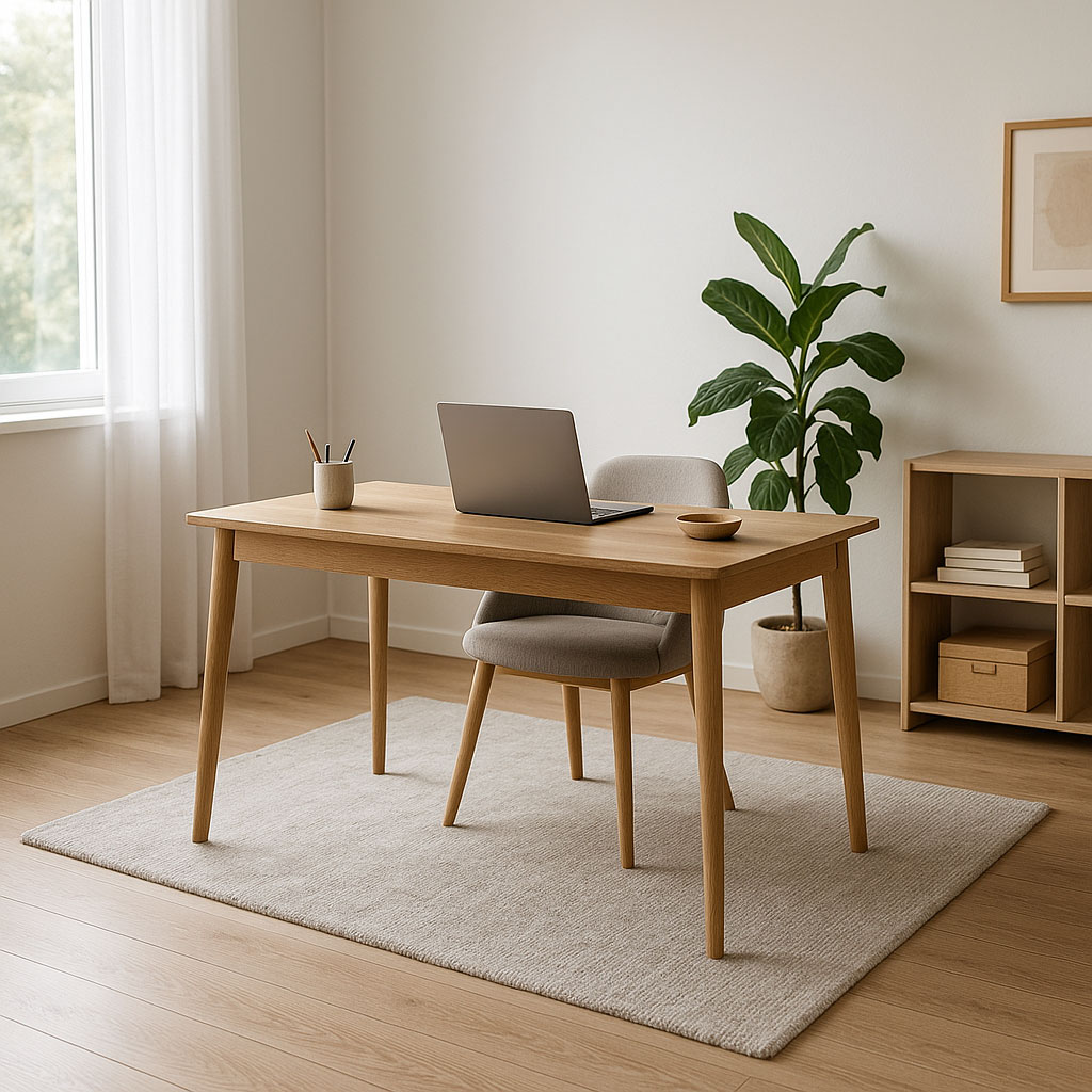 Homeoffice mit Teppich unter Schreibtisch für bessere Raumakustik.