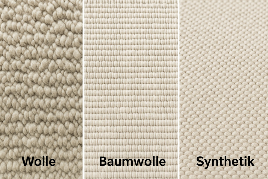 Detailaufnahmen von Wollteppich, Baumwollteppich und synthetischem Teppich.