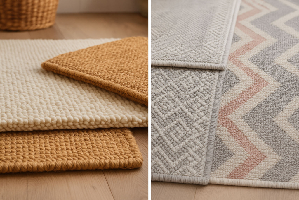 Zweigeteilte Darstellung: links natürliche Teppiche aus Wolle/Sisal, rechts synthetische Varianten in modernen Farben.