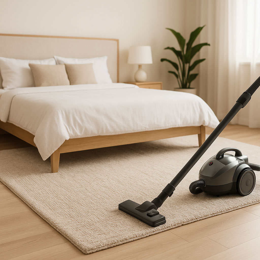 Staubsauger reinigt hellen Teppich in einem modernen Schlafzimmer.