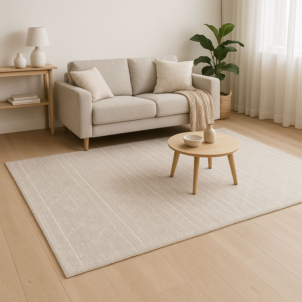 Wohnzimmer mit modernem Teppich aus Polypropylen, helles Design, pflegeleicht und praktisch.