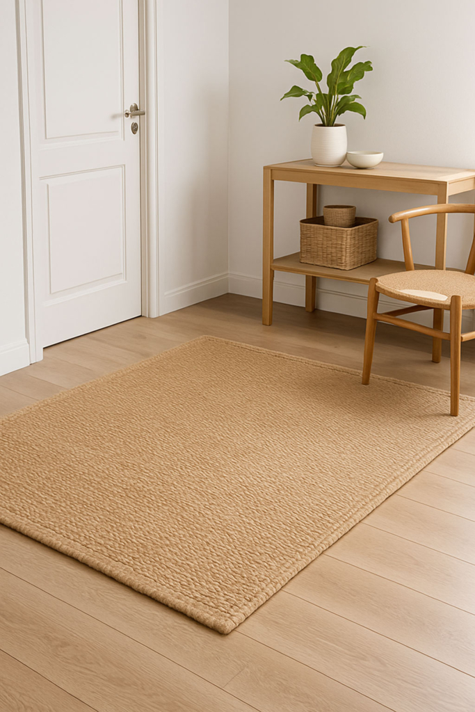Moderner Flur mit robustem Sisalteppich in Naturfarbe, minimalistisches Interieur mit Holz und Weiß.