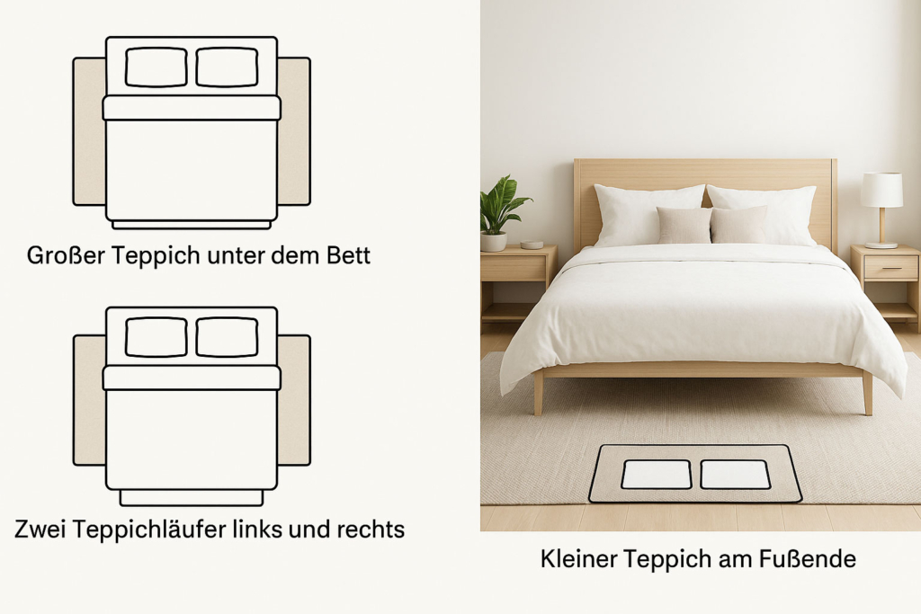 Illustration mit verschiedenen Teppichgrößen im Schlafzimmer – Teppich unter dem Bett, zwei Läufer, kleiner Teppich am Fußende.