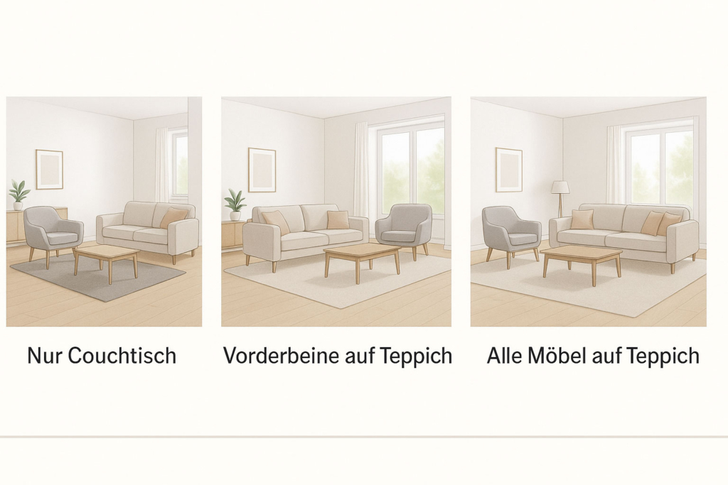 Illustration mit drei Varianten von Teppichgrößen im Wohnzimmer: kleiner Teppich unter dem Couchtisch, Teppich unter Vorderbeinen, großer Teppich unter allen Möbeln.
