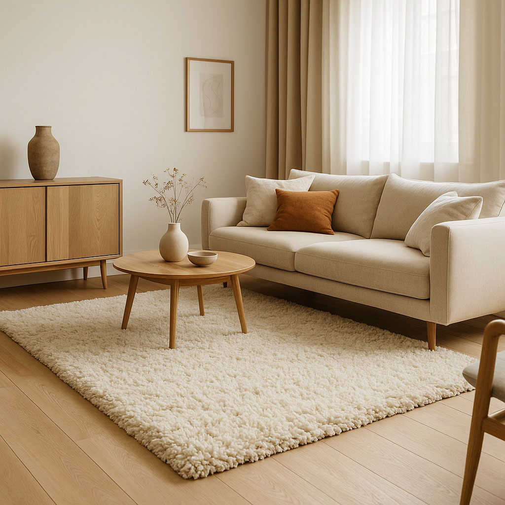 Wohnzimmer mit Hochflorteppich und textilen Akustikelementen wie Vorhängen und Sofas.