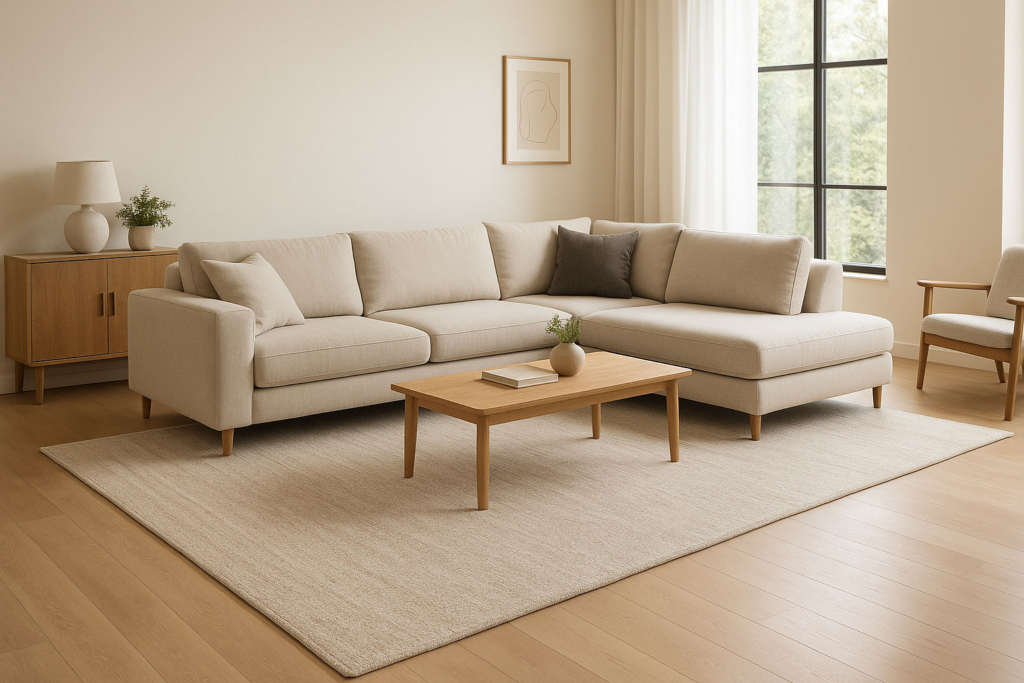 Modernes Wohnzimmer mit Sofalandschaft und großem rechteckigen Teppich in neutralen Farben.