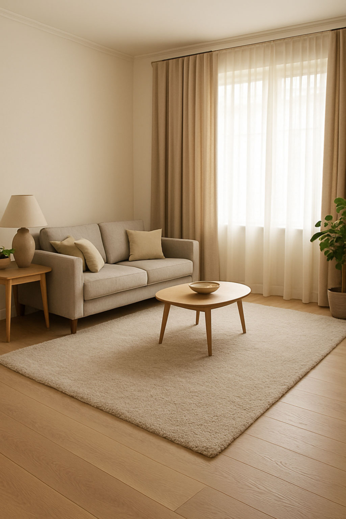 Modernes Wohnzimmer mit großem Teppich, Stoffsofa und Vorhängen – akustisch angenehme Atmosphäre.