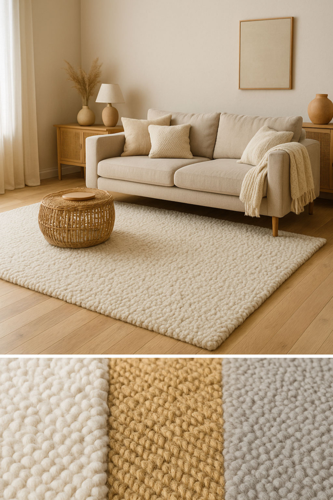 Wohnzimmer mit großem Wollteppich in warmen Naturtönen, Sofa und Holzdekor für behagliches Ambiente.