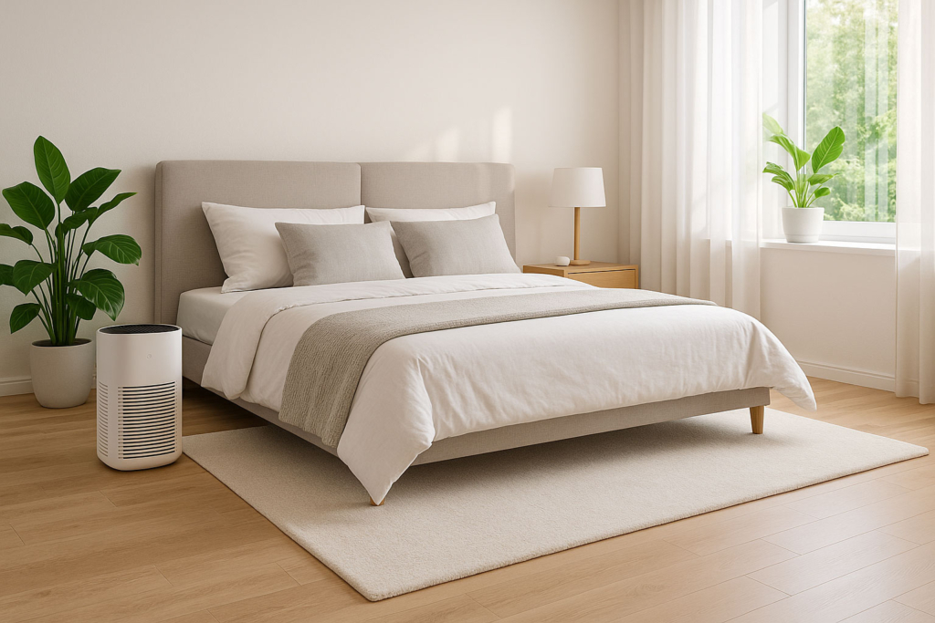 Helles, modernes Schlafzimmer mit Teppich aus Synthetikfasern, Luftreiniger und Pflanzen, fotorealistisch. Allergikerfreundlicher Teppich im Schlafzimmer mit Luftreiniger