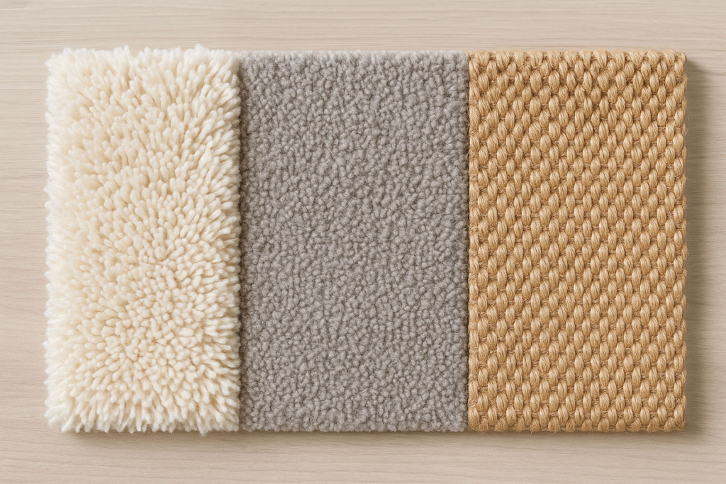 Drei Teppichmaterialien im Vergleich – Kurzflor, Synthetik und Sisal in Nahaufnahme.
