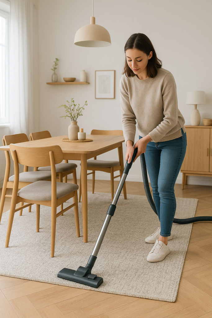 Skandinavisches Esszimmer mit rundem Teppich unter hellem Holztisch und natürlichen Materialien.