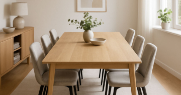 Modernes Esszimmer mit großem Teppich unter dem Esstisch bei Tageslicht.