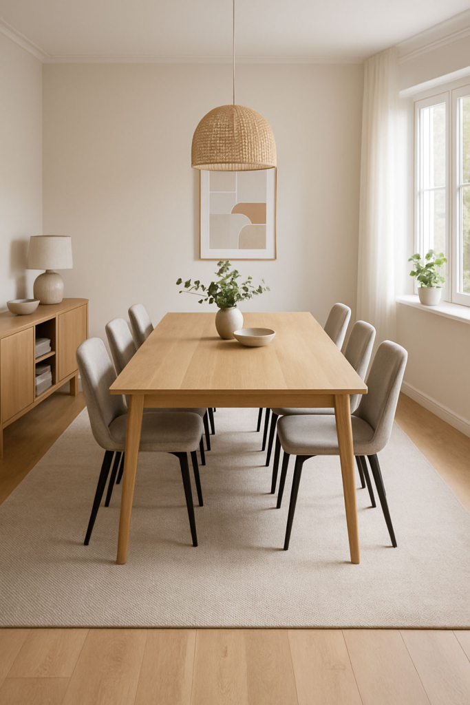 Modernes Esszimmer mit großem Teppich unter dem Esstisch bei Tageslicht.