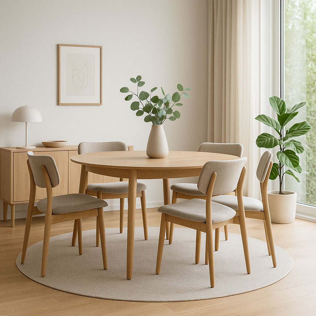 Skandinavisches Esszimmer mit rundem Teppich unter hellem Holztisch und natürlichen Materialien.