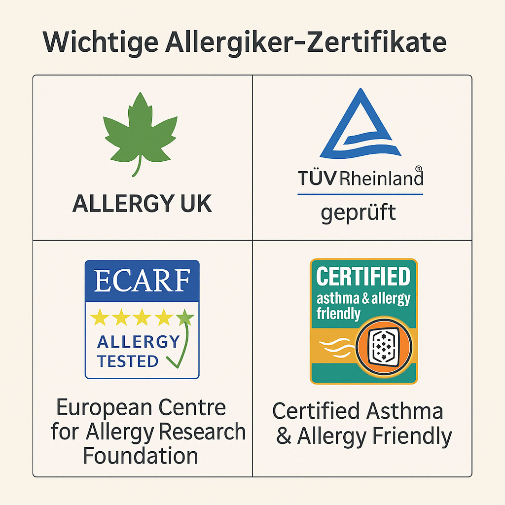Modernes, deutsch beschriftetes Schaubild mit Symbolen zu Oeko-Tex, TÜV-Allergiker, Blauer Engel und GuT-Siegel, minimalistisches Design. Wichtige Allergiker-Zertifikate für Teppiche – Oeko-Tex, TÜV, Blauer Engel, GuT