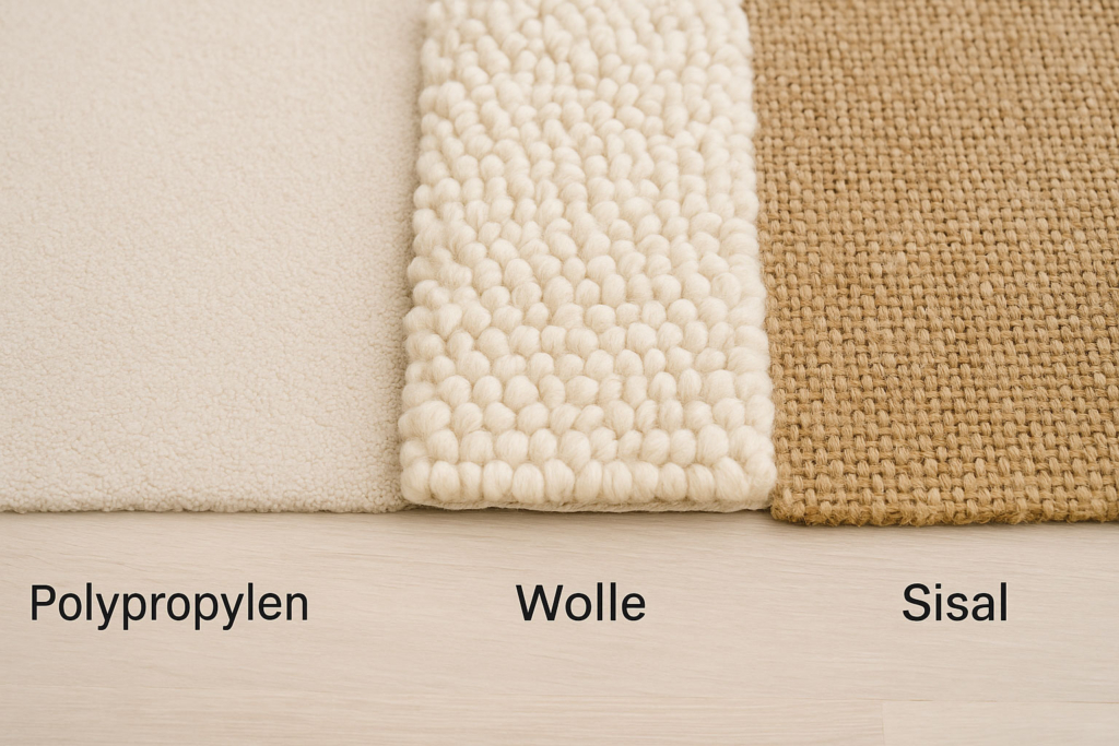 Flachliegende Nahaufnahme von Polypropylen-, Wolle- und Sisalteppichen auf hellem Boden, Texturen deutlich sichtbar, realistisch. Vergleich von Teppichmaterialien für Allergiker – Synthetik vs. Natur