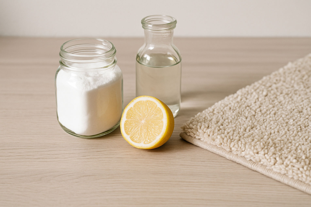 Auf einer hellen Oberfläche stehen Natron, Essig und Zitronensaft als natürliche Reinigungsmittel neben einem Stück Teppich. Hausmittel wie Natron und Essig zur Teppichreinigung auf heller Oberfläche.