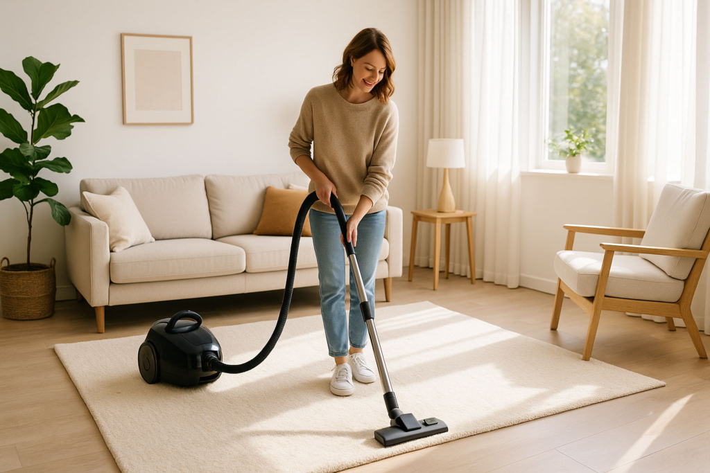Modernes Wohnzimmer mit hellem Teppich, Staubsauger und natürlichem Licht, vermittelt Sauberkeit & Wohlgefühl. Gepflegter Teppich im modernen Wohnzimmer mit Staubsauger und Tageslicht.