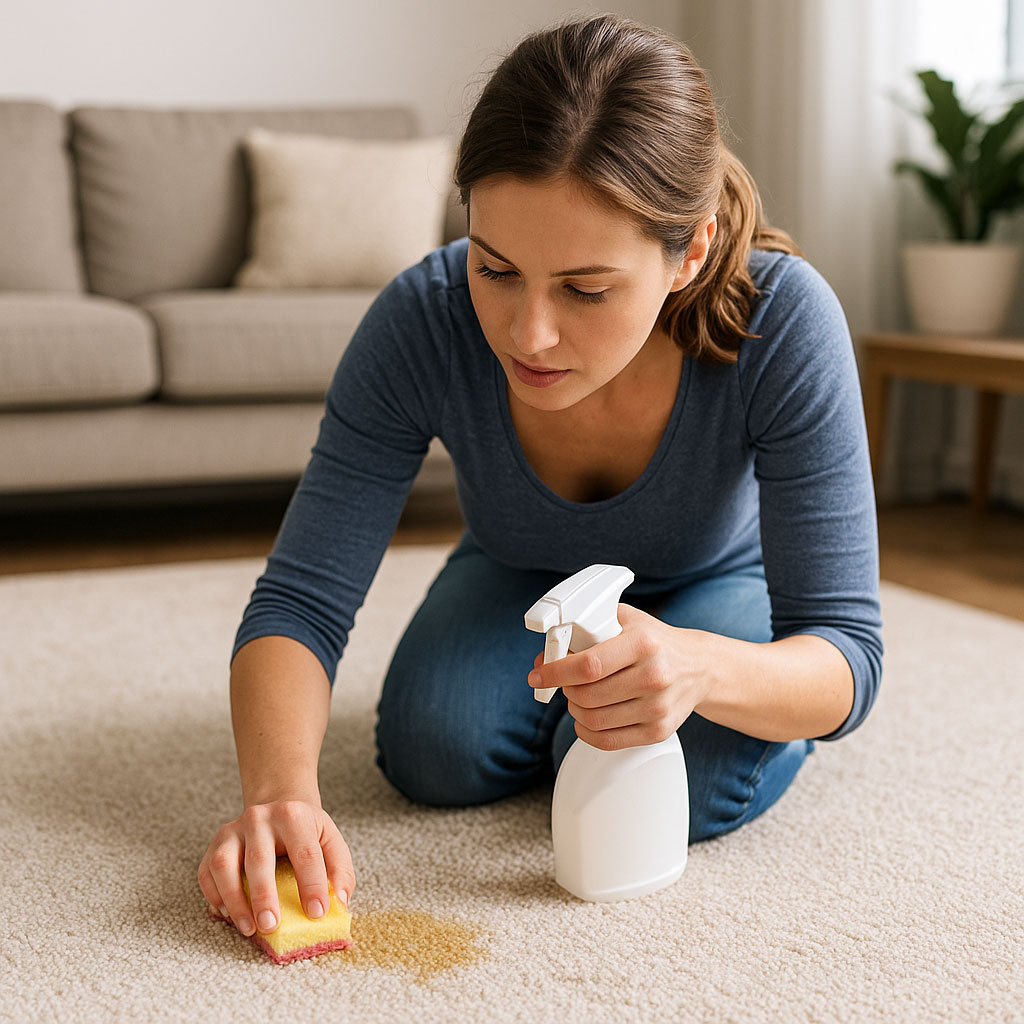 Person reinigt Teppich mit Teppichreinigungsgerät oder Sprühsauger, helles Wohnzimmer, sichtbarer Reinigungseffekt. Tiefenreinigung eines Teppichs mit Reinigungsgerät im hellen Wohnzimmer.