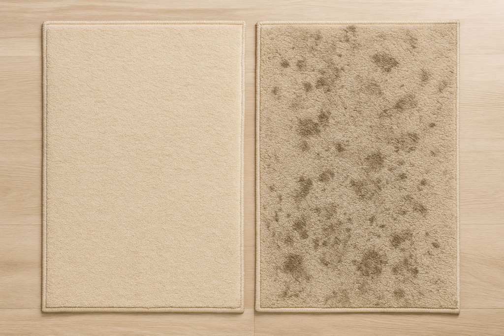 Zwei Teppiche nebeneinander: einer gepflegt, einer fleckig – verdeutlicht Pflegeunterschied. Vergleich gepflegter und ungepflegter Teppich auf hellem Boden.