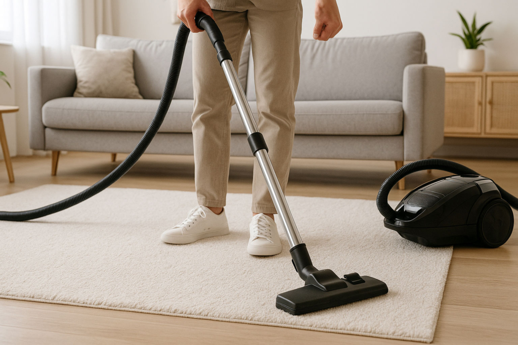 Person saugt hellen Teppich mit modernem Staubsauger mit HEPA-Filter in einem hellen Wohnzimmer, Pflanzen im Hintergrund, Tageslicht. Teppichreinigung für Allergiker mit HEPA-Staubsauger