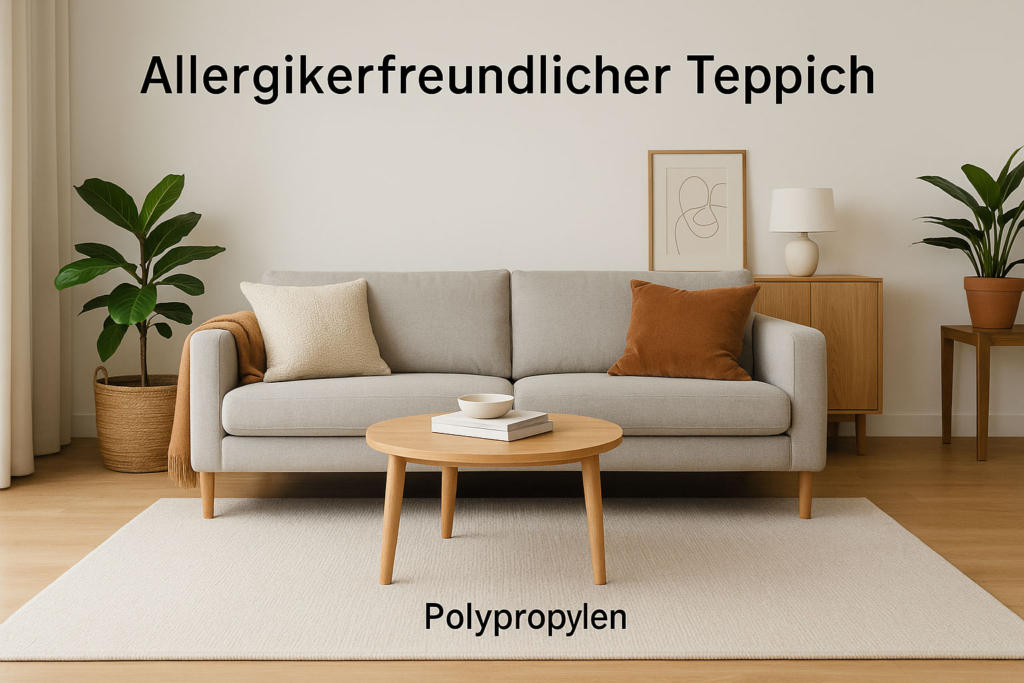 Helles, aufgeräumtes Wohnzimmer mit allergikergeeignetem Teppich aus Polypropylen, natürliche Beleuchtung, skandinavischer Stil. Allergikerfreundlicher Teppich im modernen Wohnzimmer