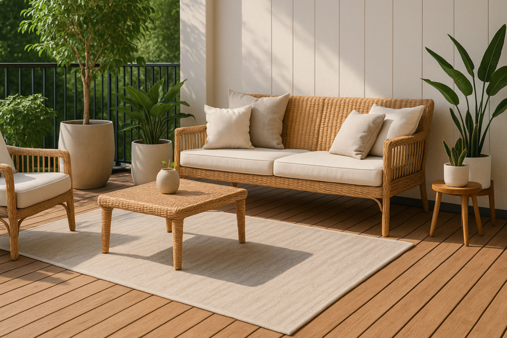 Moderner Balkon mit Outdoor-Teppich und Lounge-Möbeln Moderner Balkon mit Outdoor-Teppich und Lounge-Möbeln