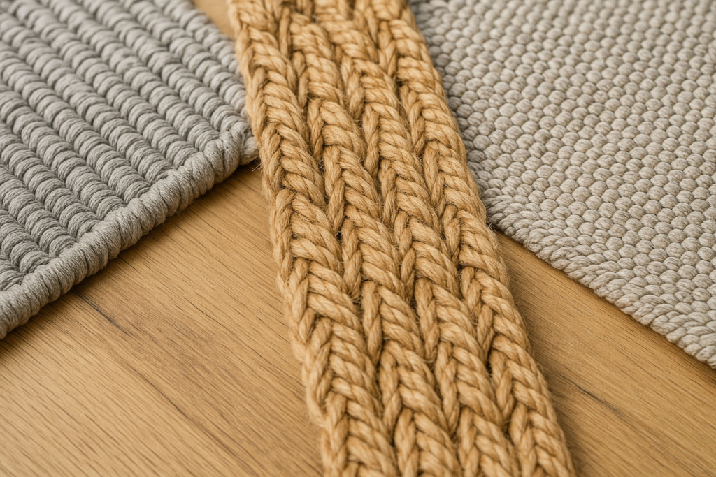 Wetterfeste Teppichmaterialien im Detail Detailaufnahme wetterfester Teppichfasern aus Polypropylen und Jute