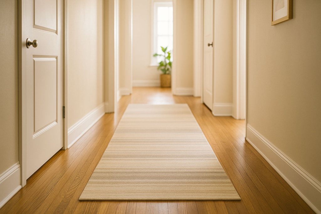 Heller Flurteppich mit Längsstreifen für optische Tiefe