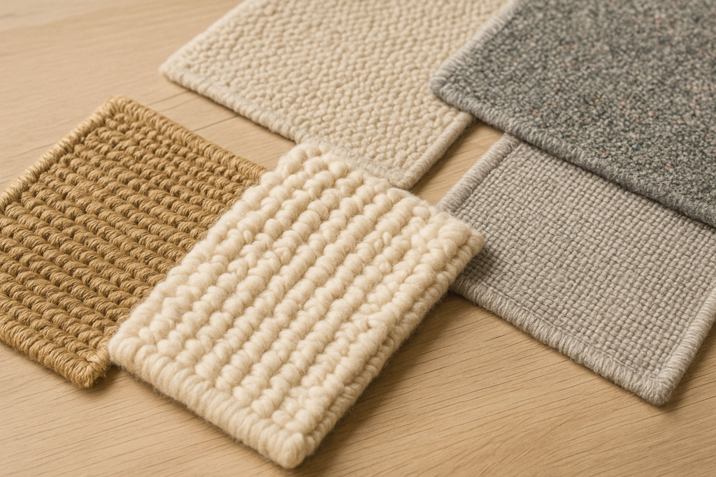 Nahaufnahme von Teppichmaterialien – Sisal, Wolle und Kunstfaser im Vergleich