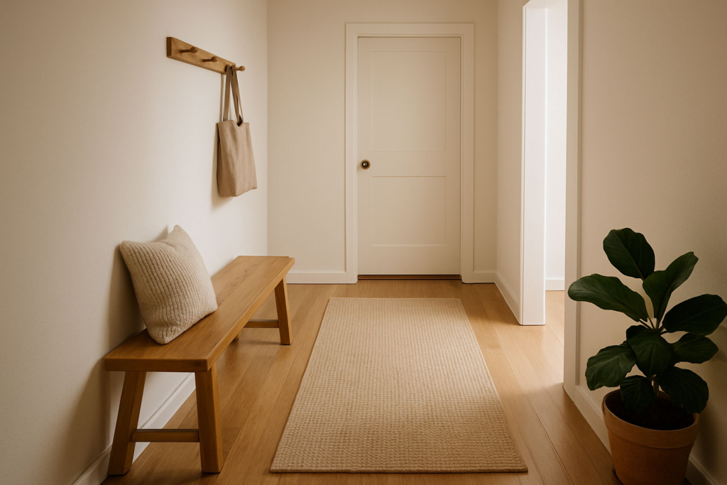 Schmaler Flur im skandinavischen Stil mit hellem Teppich