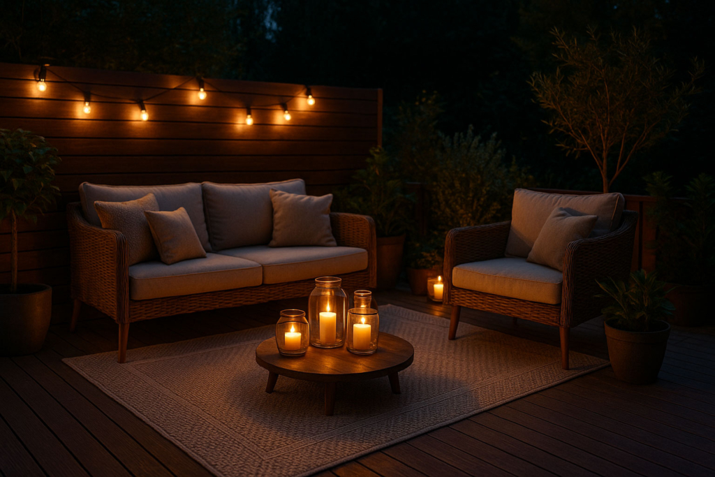 Outdoor-Wohngefühl mit Stil Gemütliche Terrasse am Abend mit Outdoor-Teppich und Lichterkette