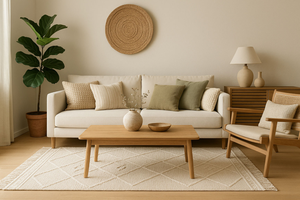 Modernes Wohnzimmer mit nachhaltigem Teppich im Boho- oder Scandi-Design