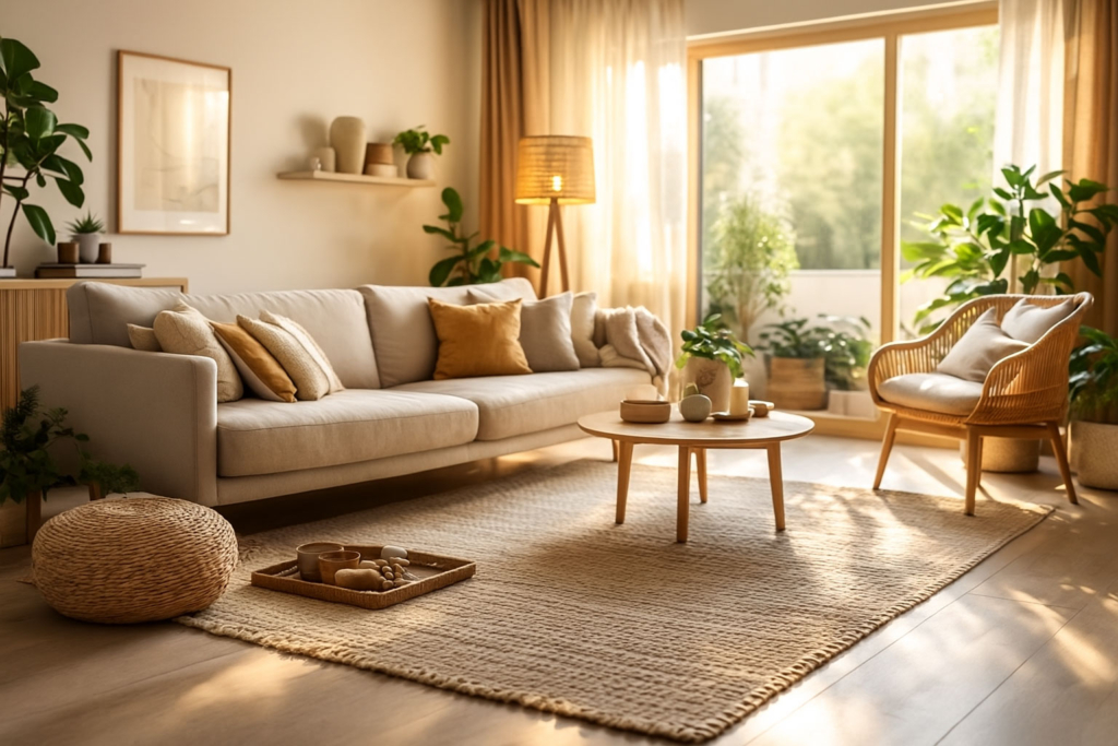 Gemütliche Wohnszene mit Naturteppich, Pflanzen und warmem Licht