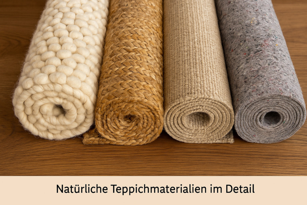 Nahaufnahme von nachhaltigen Teppichmaterialien: Wolle, Jute, Sisal und recycelte Fasern