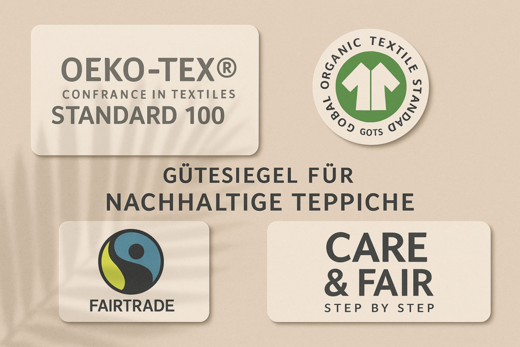 Nachhaltige Teppichlabels wie OEKO-TEX, GOTS, Fairtrade und Care & Fair stilvoll dargestellt