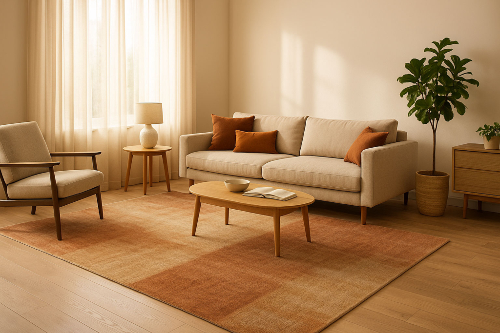 Teppich-Trends 2026 – Farben, Muster und Materialien Modernes Wohnzimmer mit Teppich in warmen Trendfarben 2026